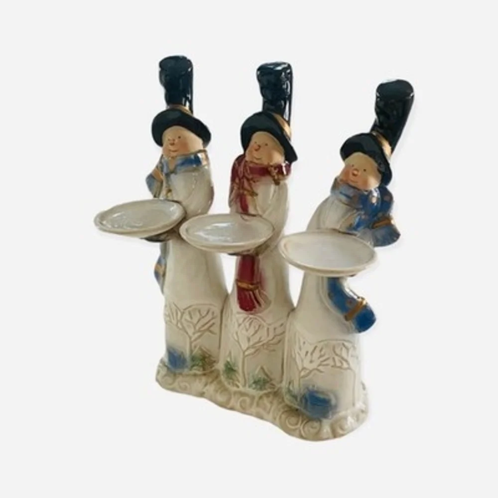 Vintage ELEMENTS Snowmen Trio Candle Holder Ceramic Christmas Tabletop Figurine
